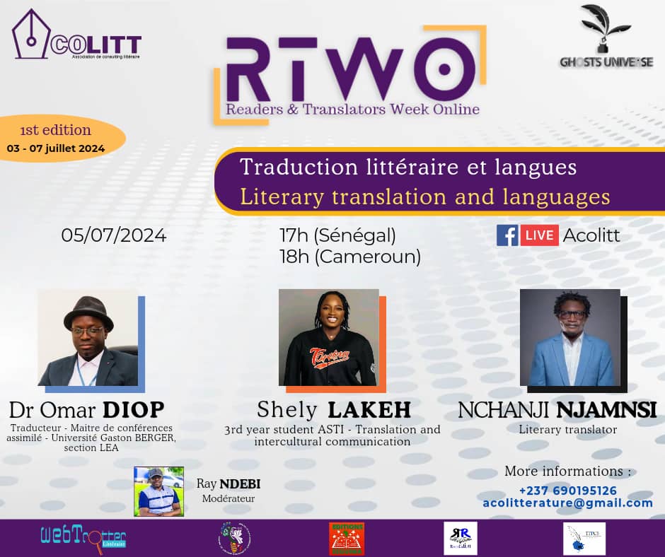 RTNdebi's tweet image. #RTWO 
Let's meet @NMNjamnsi, the translator of Hemley Boum's award-winning "Les jours viennent et passent" into English alongside Dr #OmarDiop and @ShirleyUnusual for a #conversation on "#Translation and #languages"
Follow @acolitterature &amp;amp; @PaulineOngono for more info.