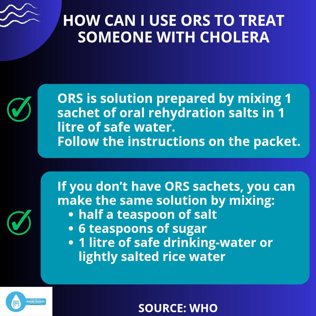 Oral rehydration solution can successfully treat 80% of patients. 

If someone is dehydrated, drinking water alone is not enough to help them recover. This is why using oral rehydration salts is important.

#CholeraOutbreak #Cholera #ORS