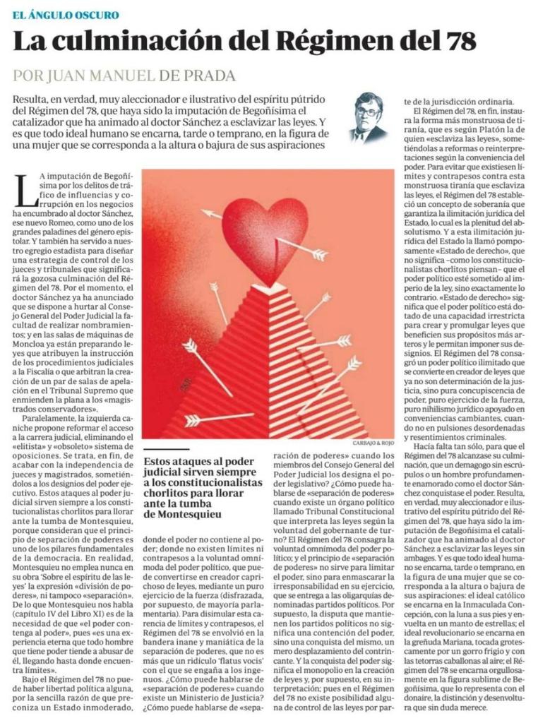 Juan Manuel de Prada: «El Régimen del 78, en fin, instaura la forma más monstruosa de tiranía, que es según Platón la de quien "esclaviza las leyes", sometiéndolas a reformas o reinterpretaciones según la conveniencia del poder»
abc.es/opinion/juan-m…