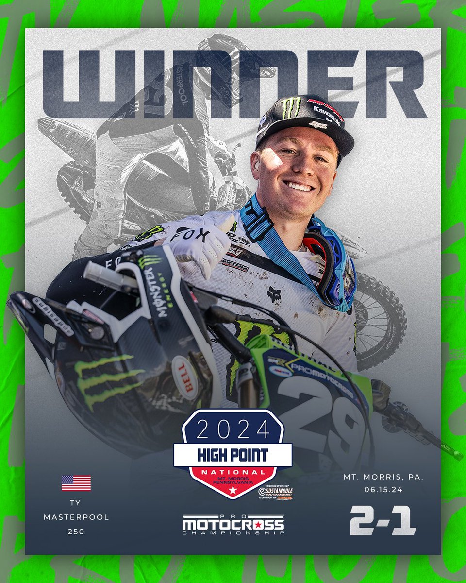 ProMotocross's tweet image. Masterpool makes his dream become a reality, and WINS the High Point National! 🥇 

#ProMotocross #SMX #HighPointMX