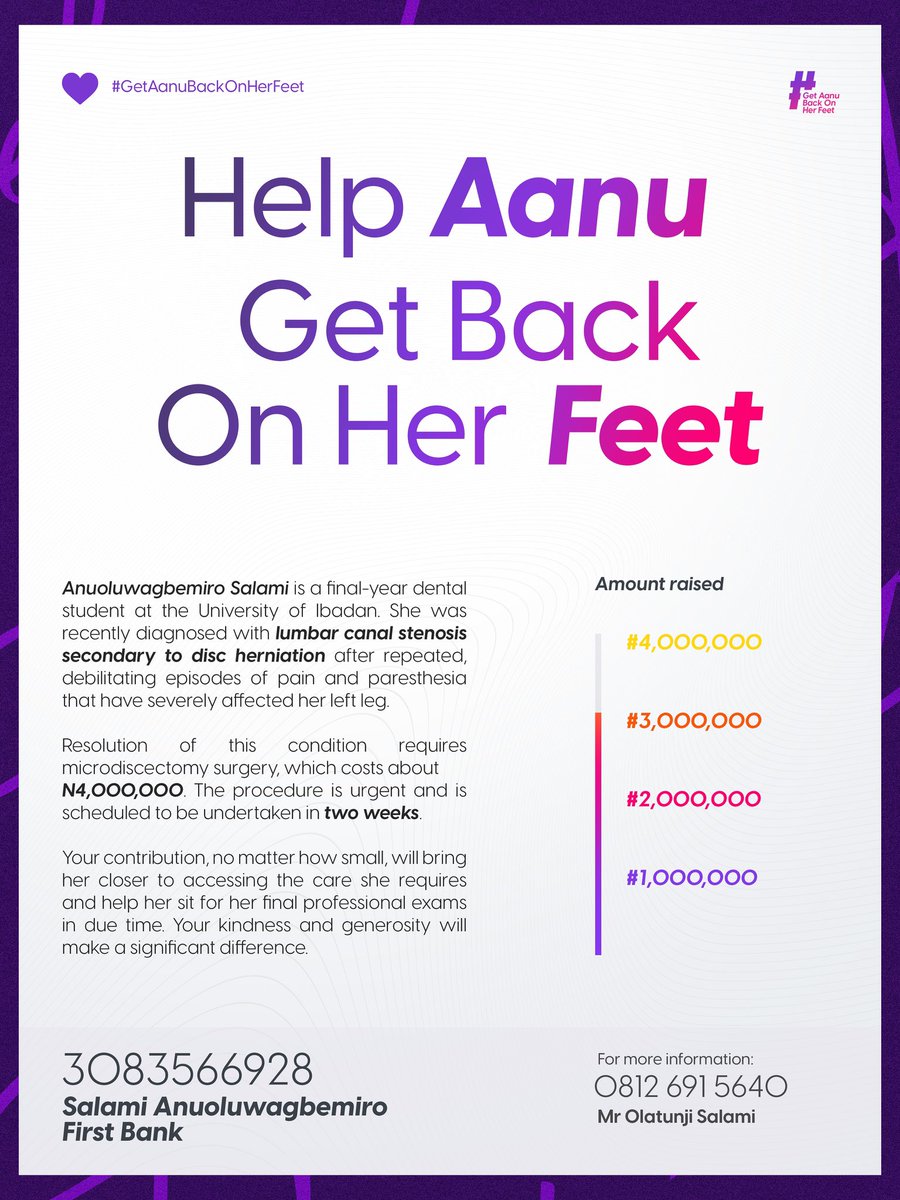 AnuRoad2Health's tweet image. Thank you everyone for the outpour of love and donations so far.🙏🥺
We have been able to raise 3 million naira so far.
Please let’s keep donating to help Anu get back on her feet and achieve her dreams.
3083566928
First Bank
SALAMI ANUOLUWAGBEMIRO