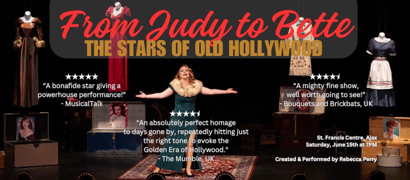 rebeccaperry21's tweet image. #FromJudyToBette tonight, June 15th at **7PM** @TownOfAjax’s St Francis Centre! A gorgeous theatre and feeling 🌈 proud🏳️‍🌈 to share this piece! Come on down for a campy good time! #LinkInBio #JudyGarland #BetteDavis #LucilleBall #BettyHutton