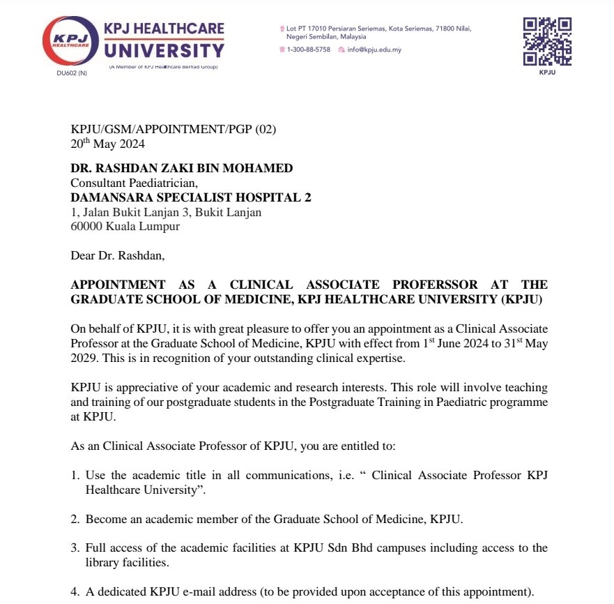 Alhamdulillah

In my most humble, I would like to share this important milestone in my career - an appointment as Clinical Associate Professor at KPJ Healthcare University

Alhamdulillah