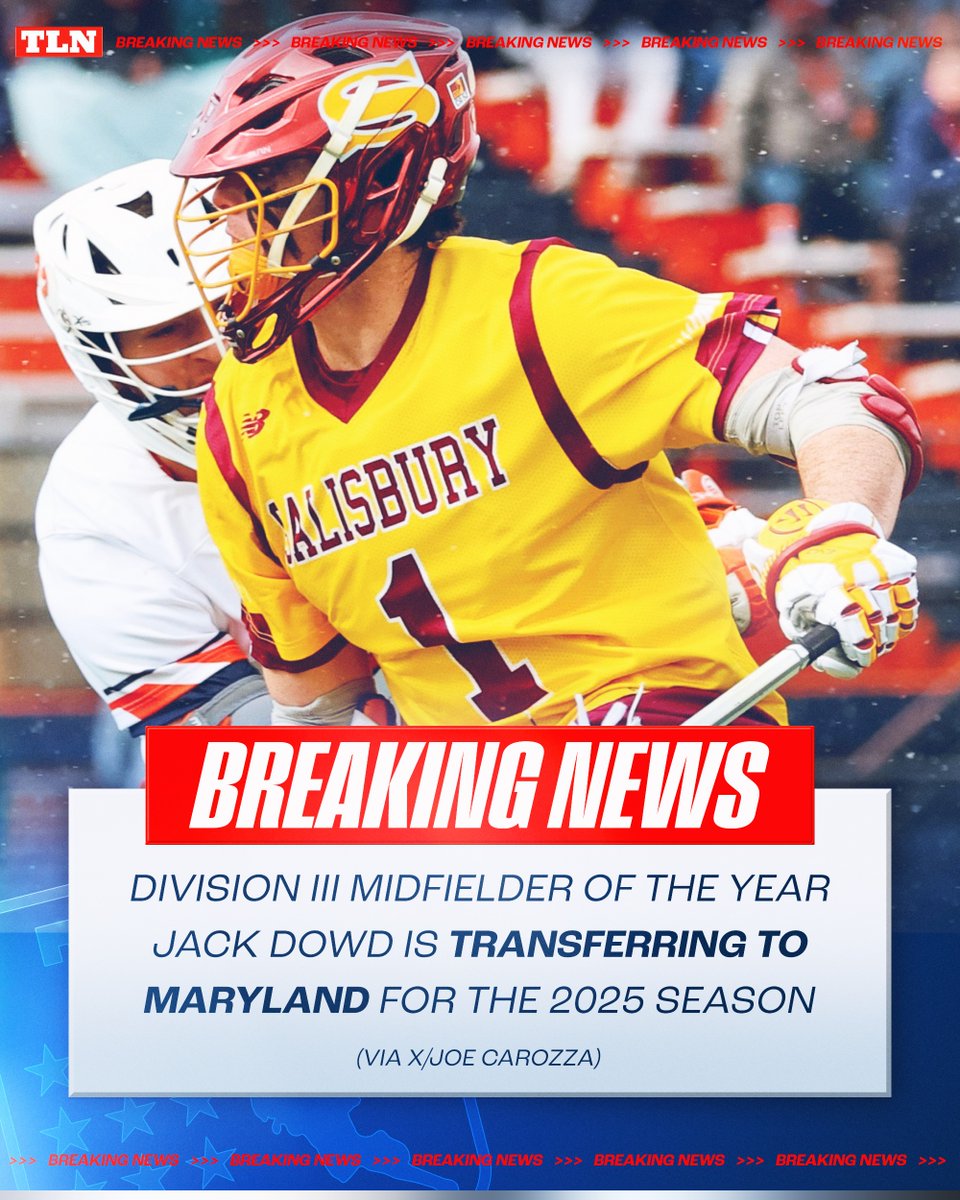 LacrosseNetwork's tweet photo. BREAKING: @TerpsMLax are adding the top midfielder in Division III 🚨📈

Incoming @SalisburyMLAX transfer Jack Dowd is a 6-5, 225-pound athlete who racked up 261 points in four seasons at the D3 level

(first reported by @joecarozza3) https://t.co/rUIA0vVLKH