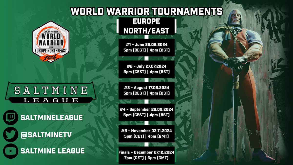 You can now sign-up for the first #StreetFighter6 #CPTWW2024 #SML "North/East" Tournament! #FGC #SF6

Registration closes: 29.06.2024, 12pm (CEST)

Tournament start: 29.06.2024, 5pm (CEST)              

Sign-Up: start.gg/ww24-sml-ne1
Discord: discord.gg/MvNmKhX