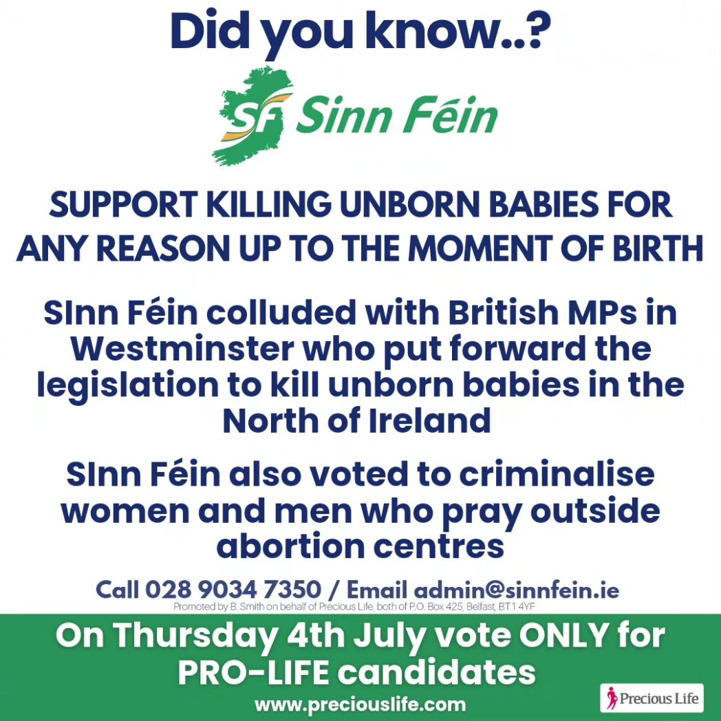 RockofLifeNI's tweet photo. @Ogra_SF Sinn Féin supports killing babies for ANY REASON up to the moment of BIRTH.

SF colluded with British MPs in Westminster to force abortion into N.Ireland.

7,681 unborn babies have been killed. Sinn Féin celebrates their deaths. 
#NotWithMyVote #GE2024 https://t.co/SOU9pyS7OM
