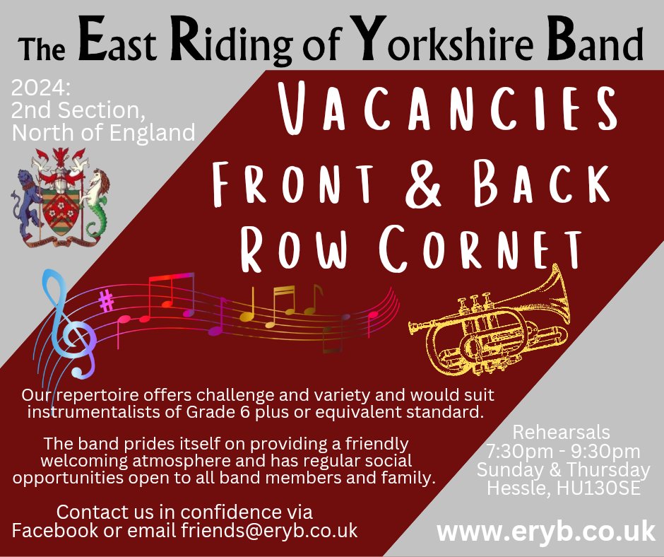 East Riding Band (@eastridingband) on Twitter photo We're still on the look out for new members in our cornet section. Do you know anyone who is feeling up to the challenge? Drop a message or email (friends@eryb.co.uk) our way! We're still on the look out for new members in our cornet section. Do you know anyone who is feeling up to the challenge? Drop a message or email (friends@eryb.co.uk) our way!