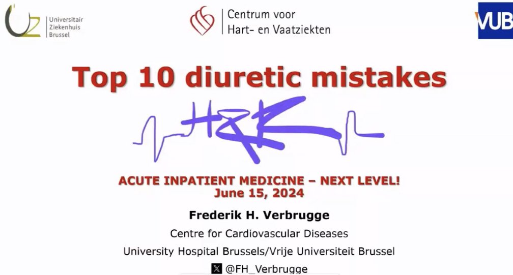 <a href="/FH_Verbrugge/">Frederik H. Verbrugge</a> discusses the top  10 diuretic mistakes at #HR24 . 

If you prescribe lasix you need to read these key mistakes👇

10 Diuretic mistakes 🧵

#1: Not getting the job finished.. don't stop diuresis too early. If you fail to decongest, outcomes are worse and there is a