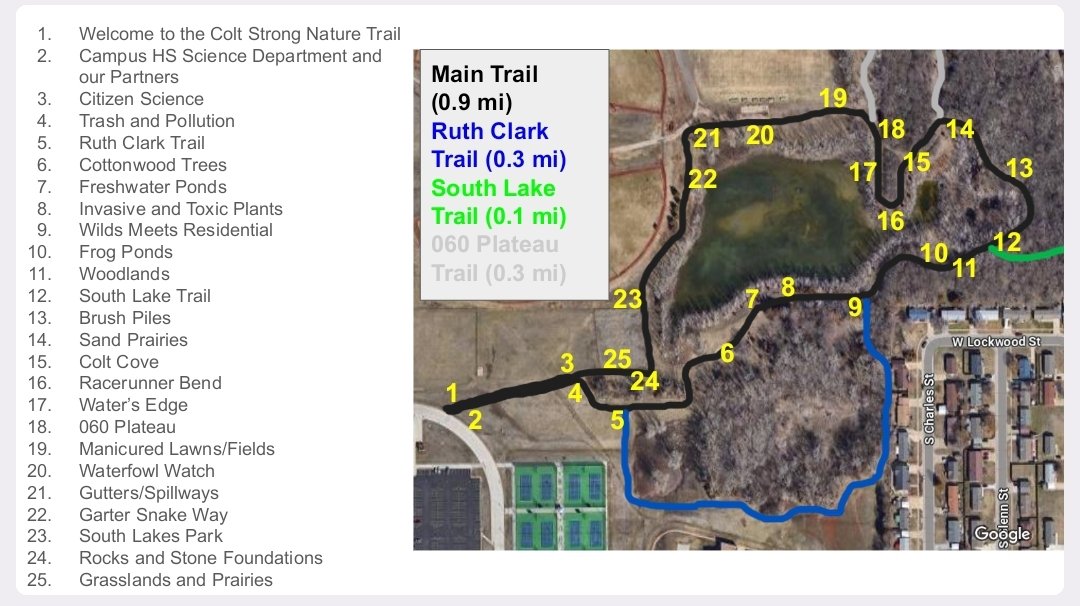 We plan to open the Colt Strong Nature Trail on Saturday, June 22nd at 9:30 AM if everything goes according to plan. Meet at the north end of the east parking lot at Campus HS. A trail map with the locations and topics of each sign is attached below. #ColtStrong