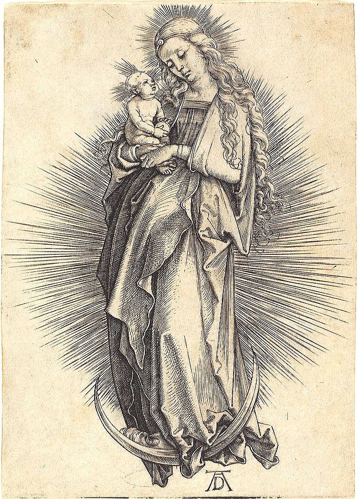 solas_na_greine's tweet photo. The Virgin on the Crescent by Albrecht Durer, 1498-1499. https://t.co/9lzc2vbFXH