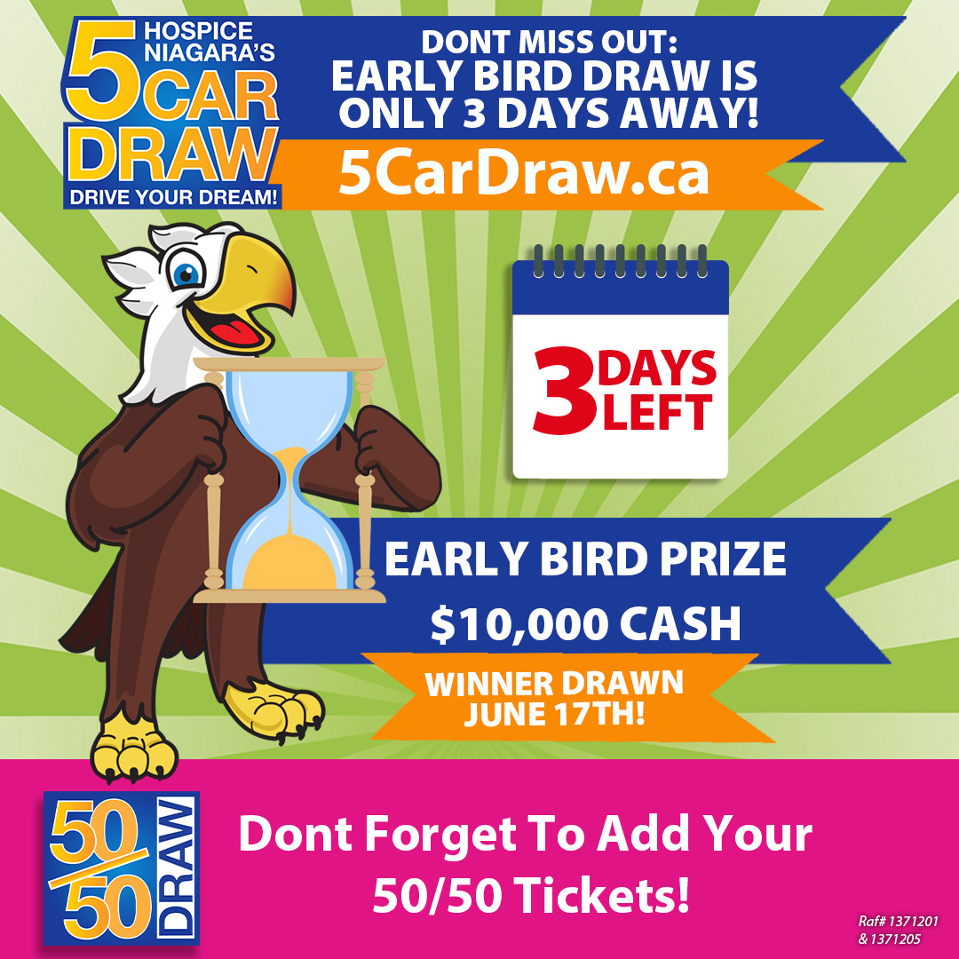 HospiceNiagara's tweet image. Only 3 days to go until the Early Bird Draw! 

Remember, if you win the Early Bird Prize of $10,000, you’re still in the running for the Grand Prize and the 50/50 Jackpot!  

5cardraw.ca

#5CarDraw #AlmostThere #Hurry #SupportHospiceNiagara #Cars #WinACar