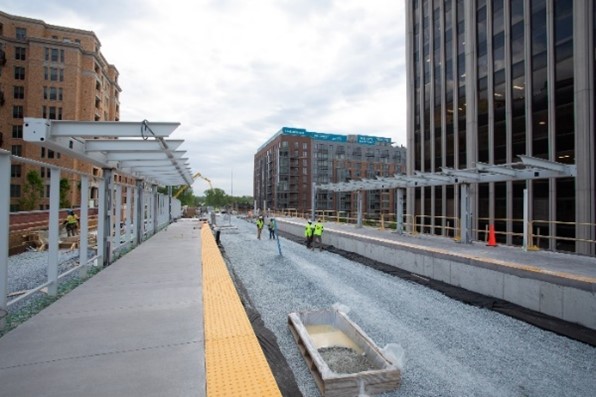 Exciting progress at the future Connecticut Avenue station <a href="/chevychasetown/">Town of Chevy Chase</a>! The station is one of 14 under construction. Canopy work is underway on both platforms and the stairs connecting to the station from the street level. #purplelineprogress #connectingcommunities