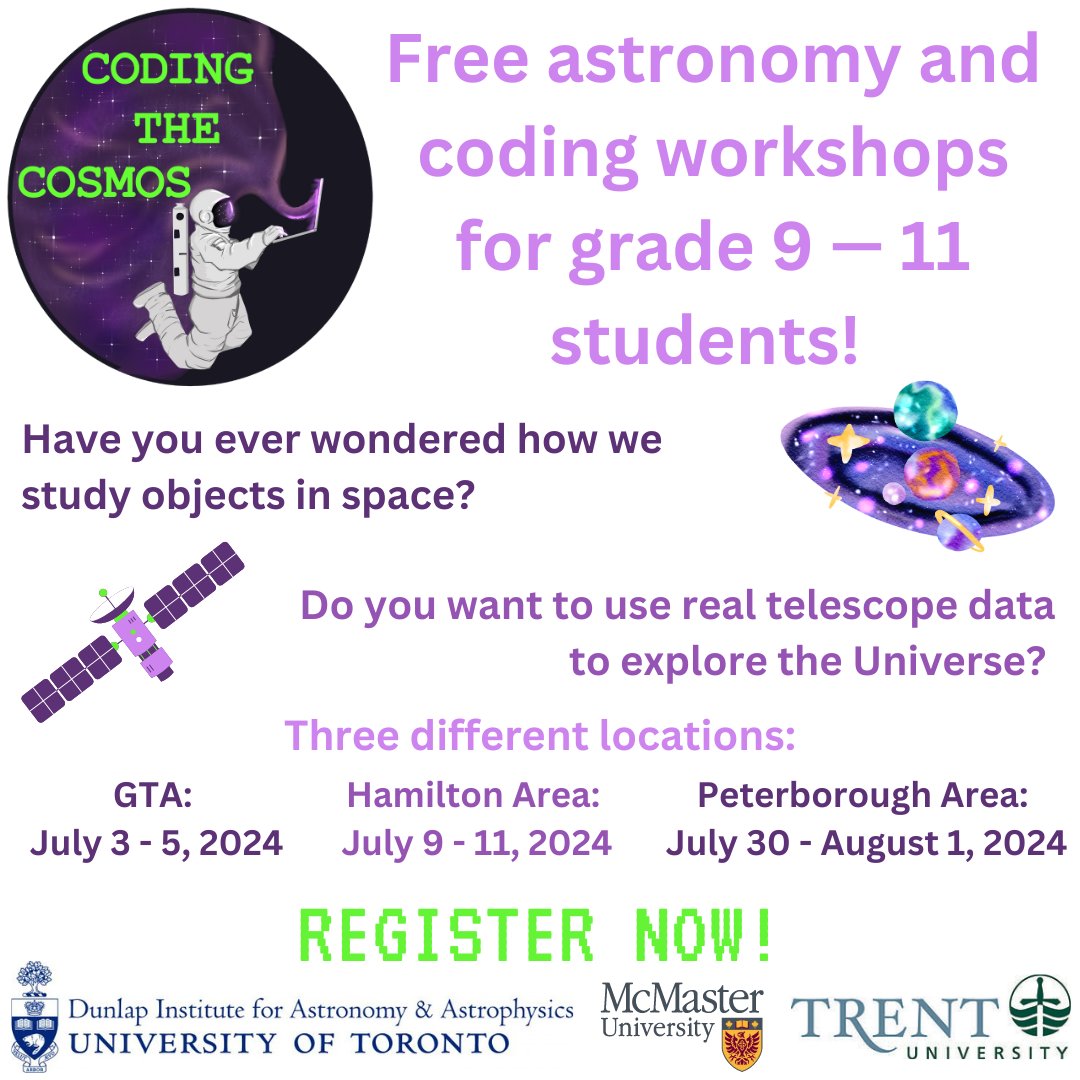 This summer, watch out for Coding the Cosmos, a series of workshops for high school students! This program aims to provide a hands-on intro to coding, lectures on cutting-edge astrophysics, and answers to questions about university.
Learn more here: dunlap.utoronto.ca/coding-the-cos…