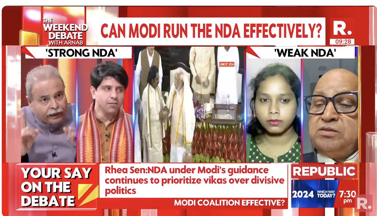 republic's tweet photo. "Chandrababu Naidu and Nitish Kumar are both the symbols of good governance in their ways...": Uday Mahurkar (@UdayMahurkar), Senior Journalist
Tune in here to watch The Weekend Debate with Arnab - https://t.co/ibMm11uJ6x
#WeekendDebate #NDA #PMModi #BJP #TDP #JDU #Arnab #ArnabGoswami