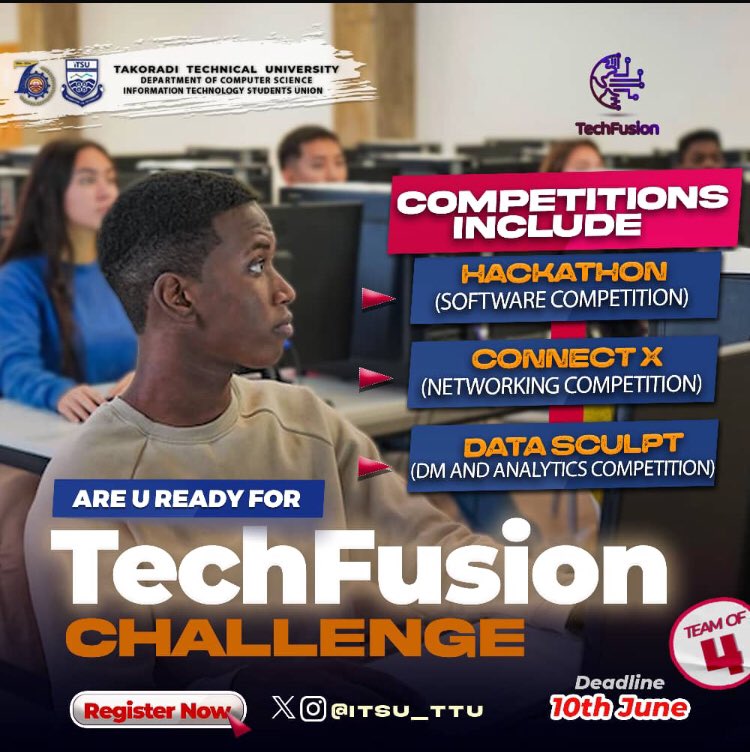 itsu_ttu's tweet photo. Registration begins for the TECHFUSION CHALLENGE. Click the link below 👇🏽 to register your team.
https://t.co/qx3qWqyKaV

*PRIZES:*
*Cash prizes 
*Certificate of participation 
*Internship and NSS opportunities 
*Scholarship opportunities https://t.co/fV2uaT57Iz