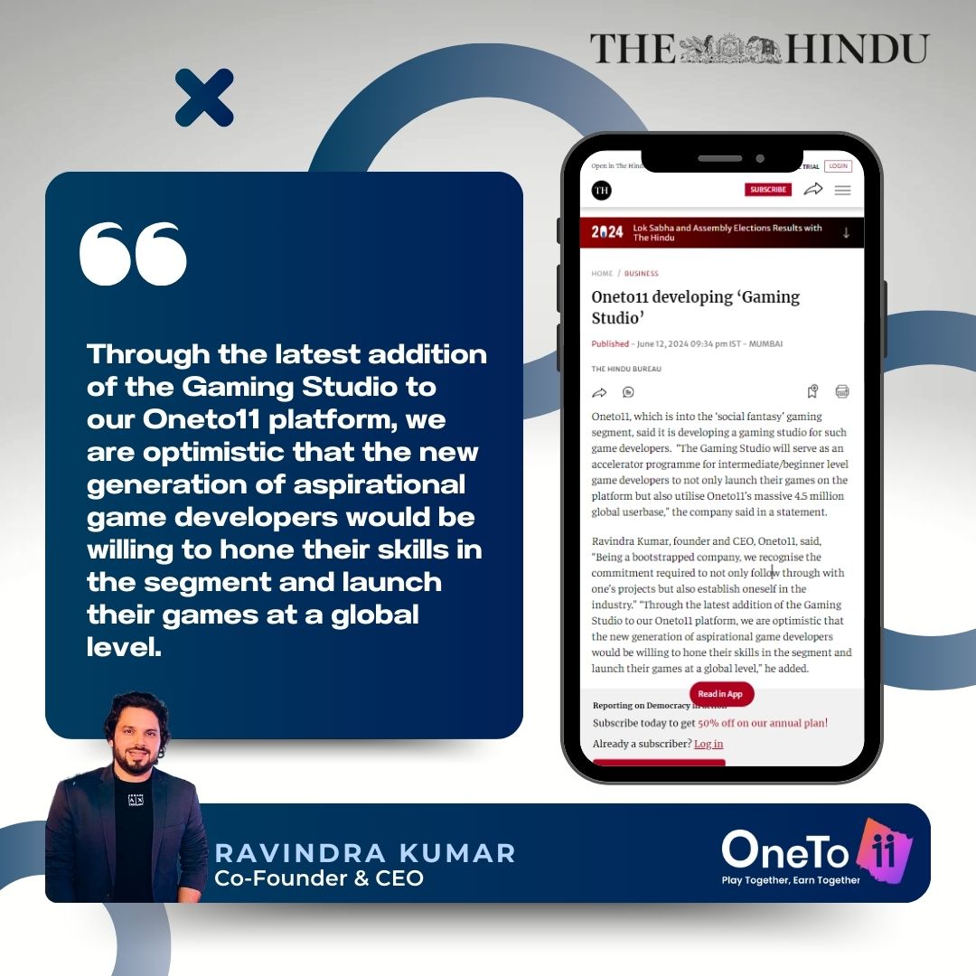 Rewrdxyz's tweet photo. Thanks @the_hindu for covering the #GamingStudio initiative from @oneto11team . The CEO and Cofounder of #OneTo11 shares important future plans for the project. 

#Web3Community #Web3 #BlockchainTech
https://t.co/AC8MPhtYPj https://t.co/56ZADEshjs