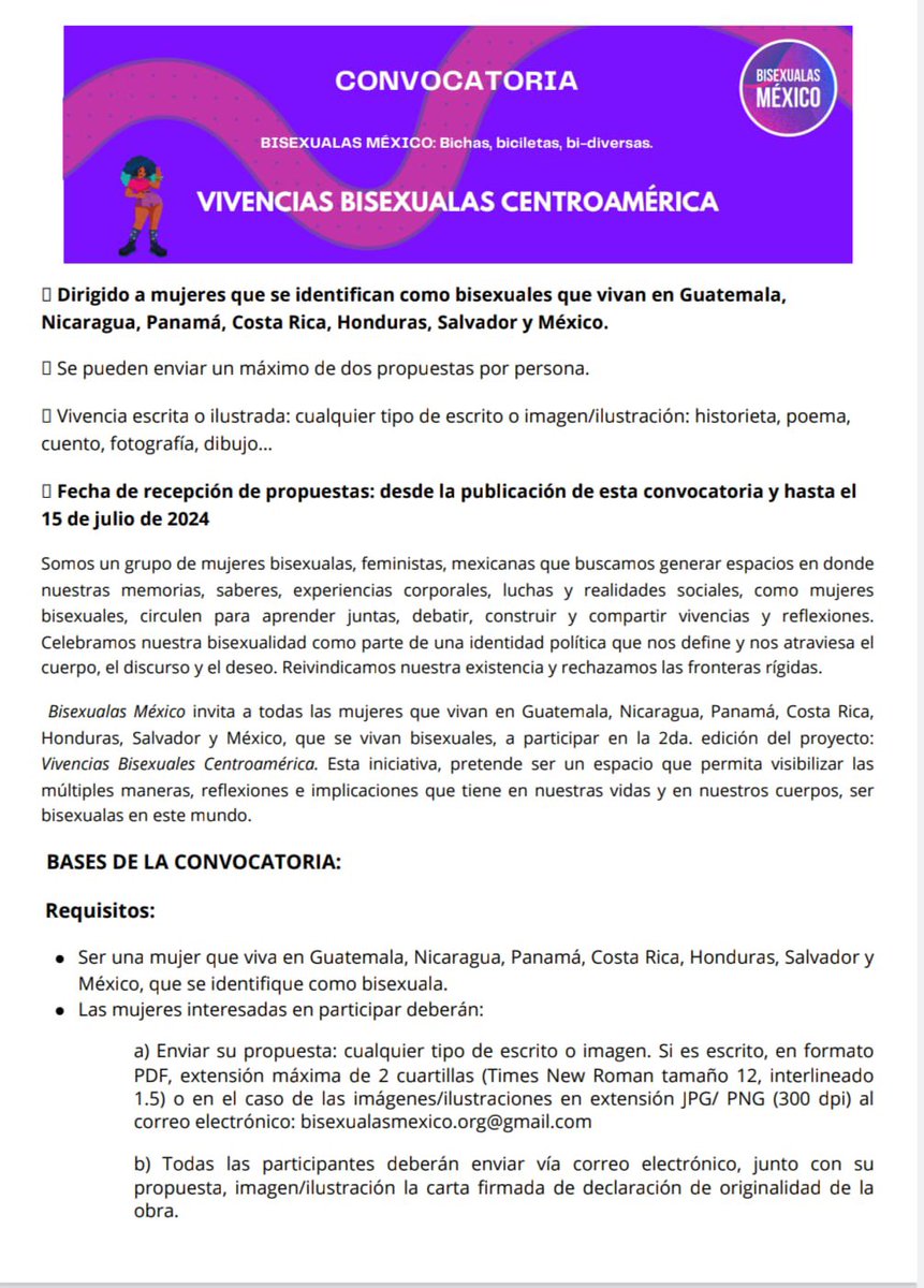 BisexualasMX's tweet photo. Estamos muy emocionadas de lanzar la Convocatoria para participar en nuestra 2da. Emisión de Bivencias Bisexualas Centroamérica. Esperamos sus propuestas. #Bisexualas #Bichas #Diversas https://t.co/A7UxBbU0SG