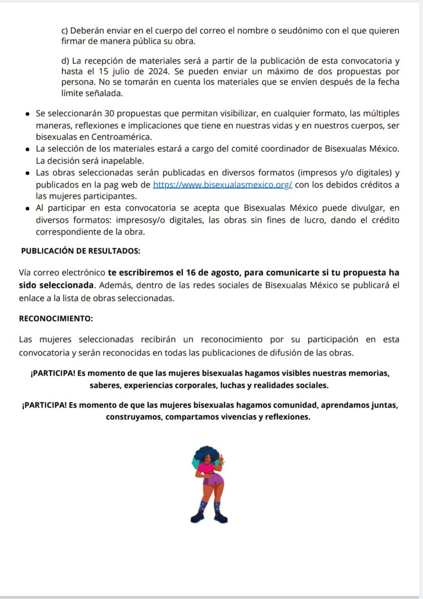 BisexualasMX's tweet photo. Estamos muy emocionadas de lanzar la Convocatoria para participar en nuestra 2da. Emisión de Bivencias Bisexualas Centroamérica. Esperamos sus propuestas. #Bisexualas #Bichas #Diversas https://t.co/A7UxBbU0SG