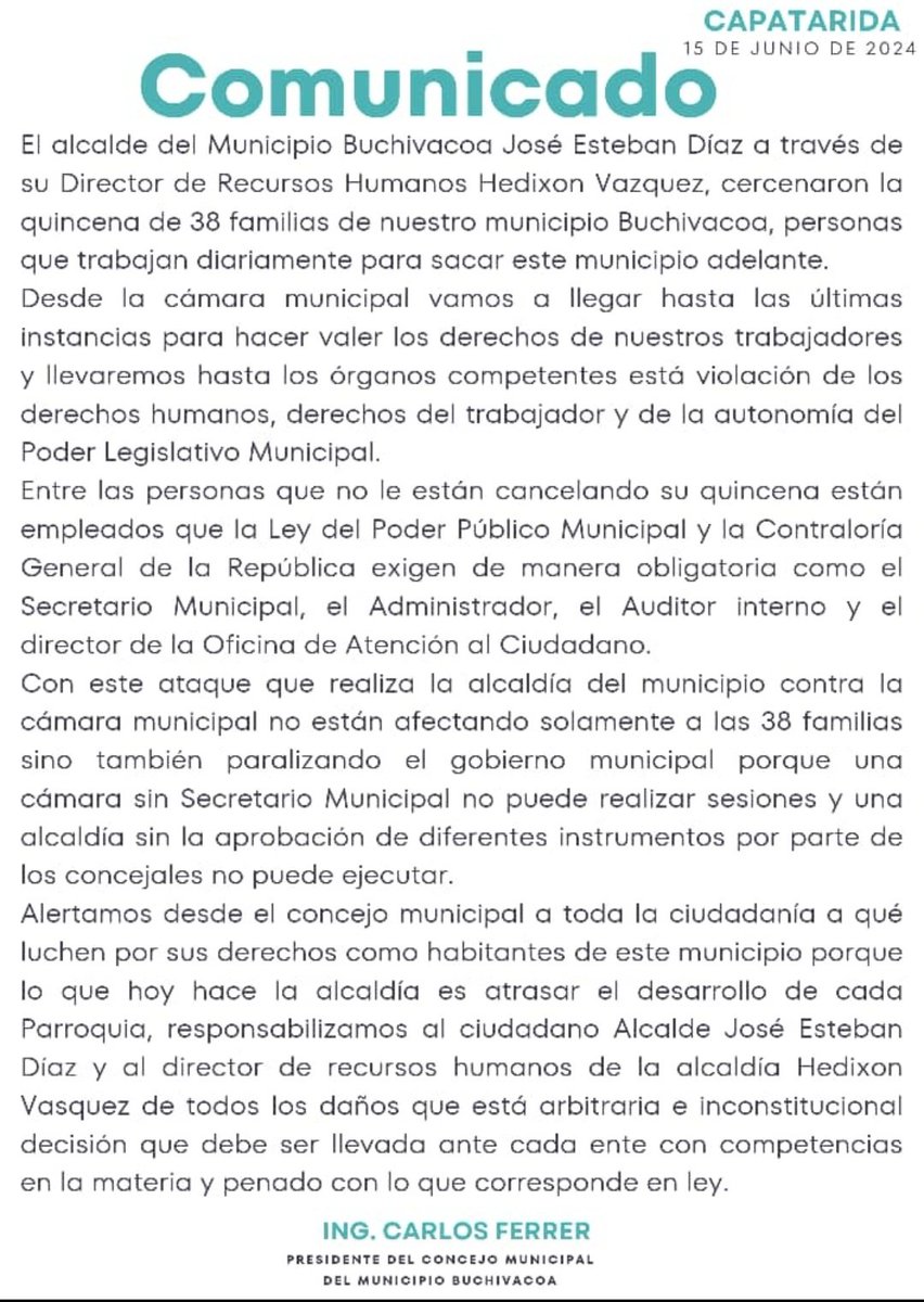 soypetitygarcia's tweet photo. ÚLTIMA HORA| Concejales opositores en el municipio Buchivacoa en el occidente de Falcón denuncian al alcalde adeco José Esteban Díaz de "atacar la Cámara Municipal" luego de suspenderle el sueldo a 38 familias. En el comunicado califican de inconstitucional la decisión. https://t.co/AaKOLXzLeb