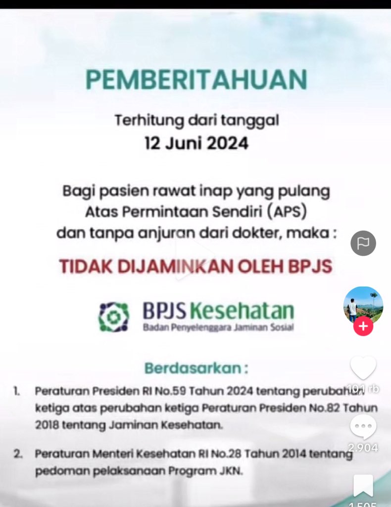 valiisaa's tweet photo. ‼️INFO INFO‼️

Per 12 Juni 2024, pasien rawat inap yang pulang Atas Permintaan Sendiri (APS) dan tanpa anjuran dari dokter TIDAK DIJAMINKAN OLEH BPJS https://t.co/s1OIPn91Yc