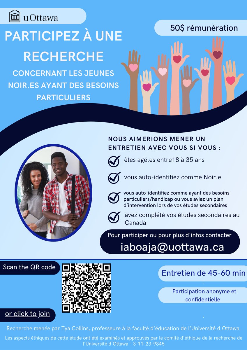 Nous y sommes presque ! 

Aidez-nous à atteindre notre objectif en partageant cette affiche ou le lien -surveymonkey.ca/r/K6VZVFX si vous connaissez des organisations éligibles ou des jeunes Noirs handicapés au Canada.  

Nous vous remercions.