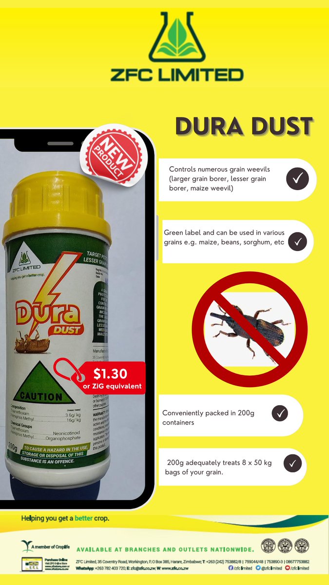 Introducing "ZFC Dura Dust" - the cutting-edge grain protectant for superior grain preservation.

#ZFCLimited
#HelpingYouGetABetterCrop
