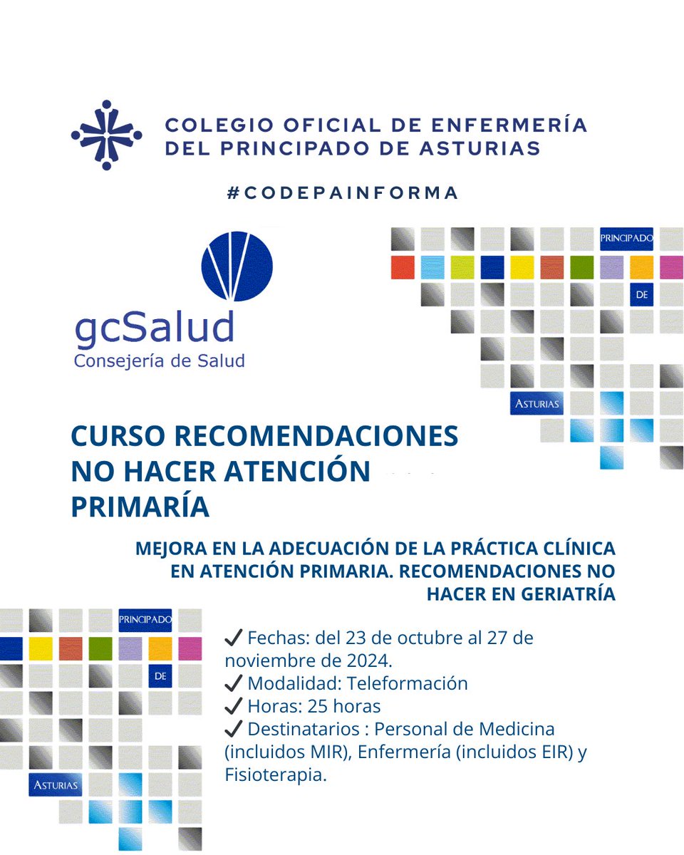 CODEPAsturias's tweet photo. #codepainforma
CURSO RECOMENDACIONES NO HACER ATENCIÓN PRIMARÍA
MEJORA EN LA ADECUACIÓN DE LA PRÁCTICA CLÍNICA EN ATENCIÓN PRIMARIA. RECOMENDACIONES NO HACER EN GERIATRÍA
Más información e inscripciones aquí: https://t.co/2FLHjiLquY https://t.co/HoB4foKsRF