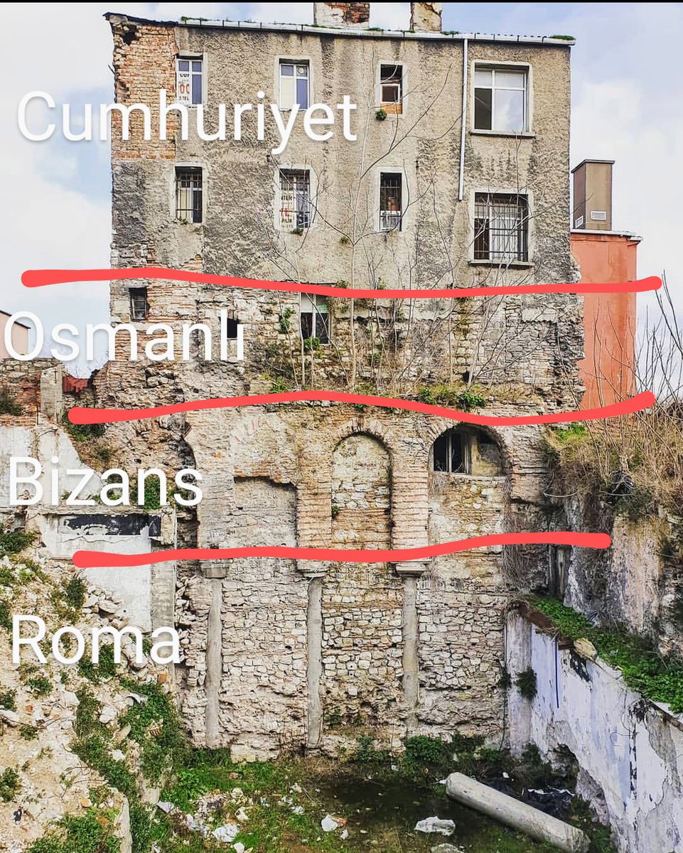 kenanbasarik's tweet photo. Fatih'de Roma, Bizans, Osmanlı, Cumhuriyet dönemi üst üste inşaatın sürdüğü bir ev. Inşallah beşinci dönemini görmeyiz. https://t.co/aR4YlHa9nB