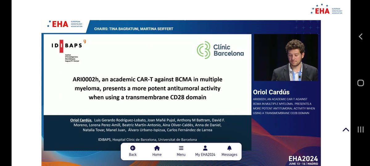 DrGerLobato's tweet photo. Exciting news #CART & #Myeloma research! Oriol Cardús presented outstanding results with our modified academic ARI2h CART with a CD28-TMD against MM. This paves the way for more effective treatments! #CART #MMresearch #EHA2024 @fdezdelarrea @idibaps @hematoclinicbcn 🥳💪🏽🤟🏽 https://t.co/EgOjUKPDNh