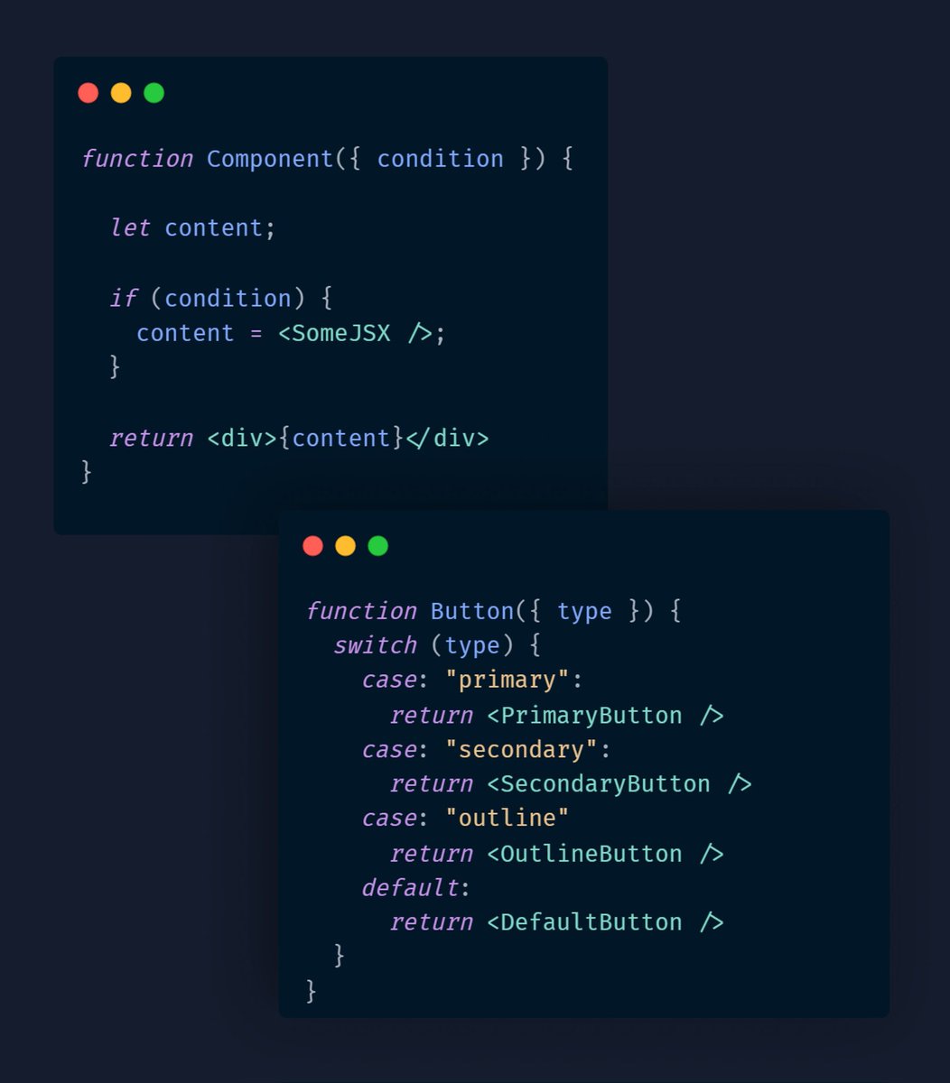 MinahilAkhtar9's tweet image. React Tip 💡
You can use conditions, switch statements, maps, and all sorts of other approaches to build UIs.
Don't forget, React components are simply JavaScript functions that return JSX.
.
.
.
#web3 #ProgrammingJourney #codinglife #React #webdev #tips #webdesign #react