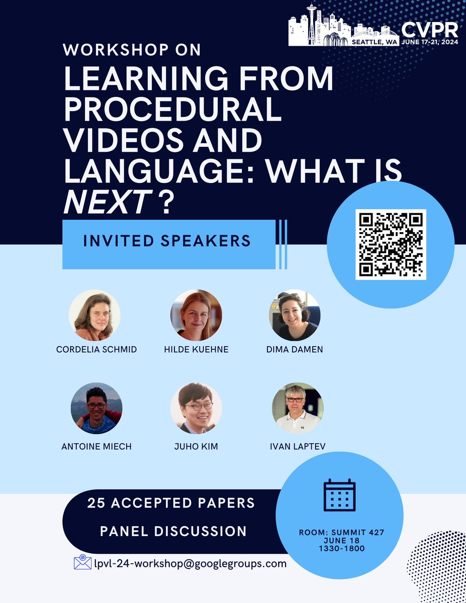 Excited about learning from procedural videos and language ?
Join us at our <a href="/CVPR/">#CVPR2025</a> 2024 workshop.
🎙️Invited talks from leading experts
📜Poster from 25 accepted paper
👀Panel discussion

➡️June 18, Tuesday
➡️Afternoon, 1:30-6PM
➡️Summit 427, Seattle Convention Center 

#CVPR
