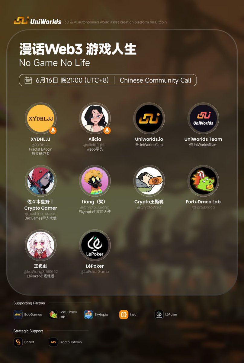 SatWorld_io's tweet photo. 🎙️UniWorlds Chinese Community Call
📑Topic：No Game No Life
⏰UTC+8 丨6 . 16 丨21:00 
🤠Host
@XYDHLJJ @aliciafights 
🍺Special Guest
@hoshino_sasaki @CryptoWsc @CryptoWsc @FortuDraco  @raWang81591652 @LePokerGame
🏆Support partner
@BAC_Web3 @SkytopiaLabs @insc_cn @LePokerGame 
💪Strategic Support
 @unisat_wallet