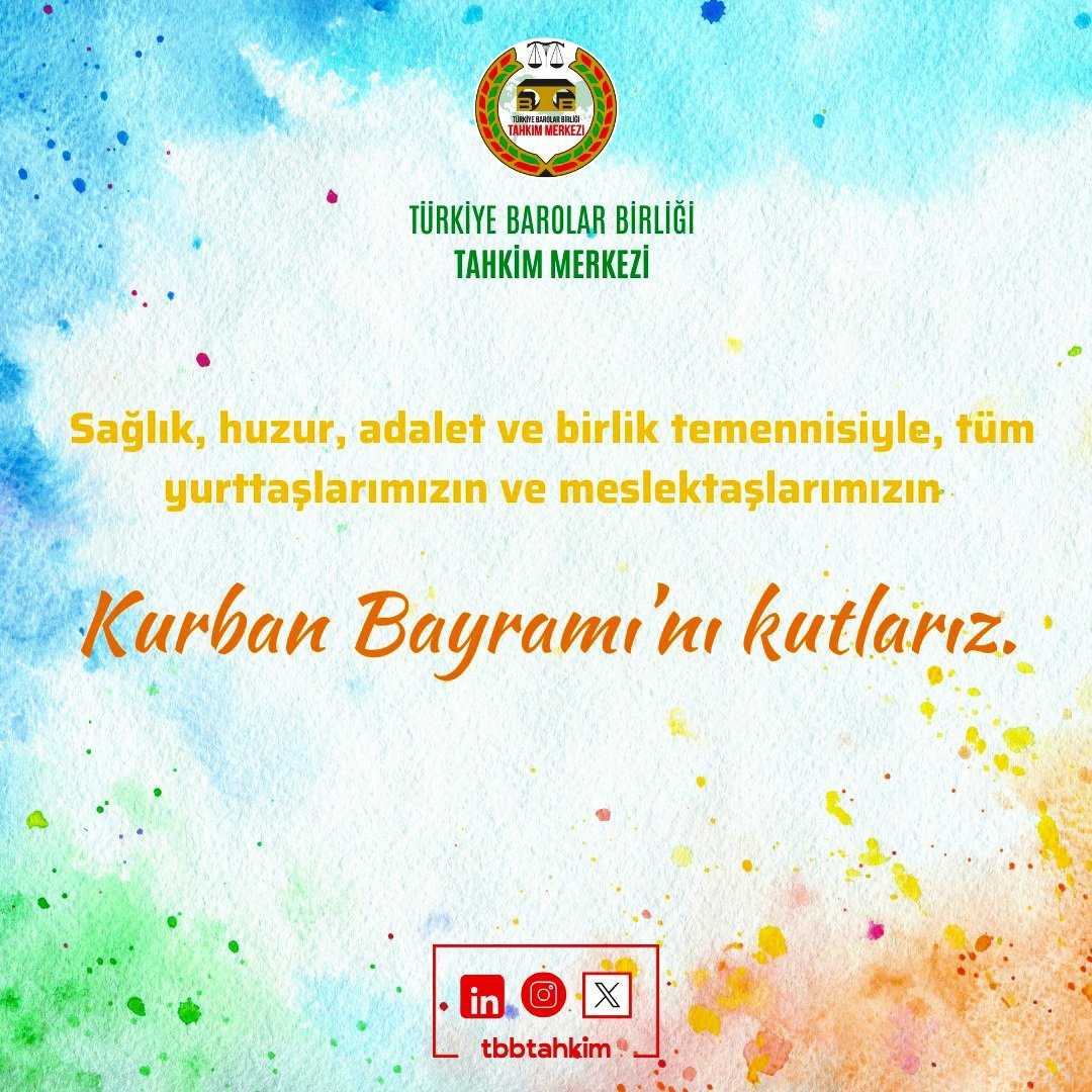 Sağlık, huzur, adalet ve birlik temennisiyle, tüm yurttaşlarımızın ve meslektaşlarımızın Kurban Bayramı'nı kutlarız.

#tbbtahkim