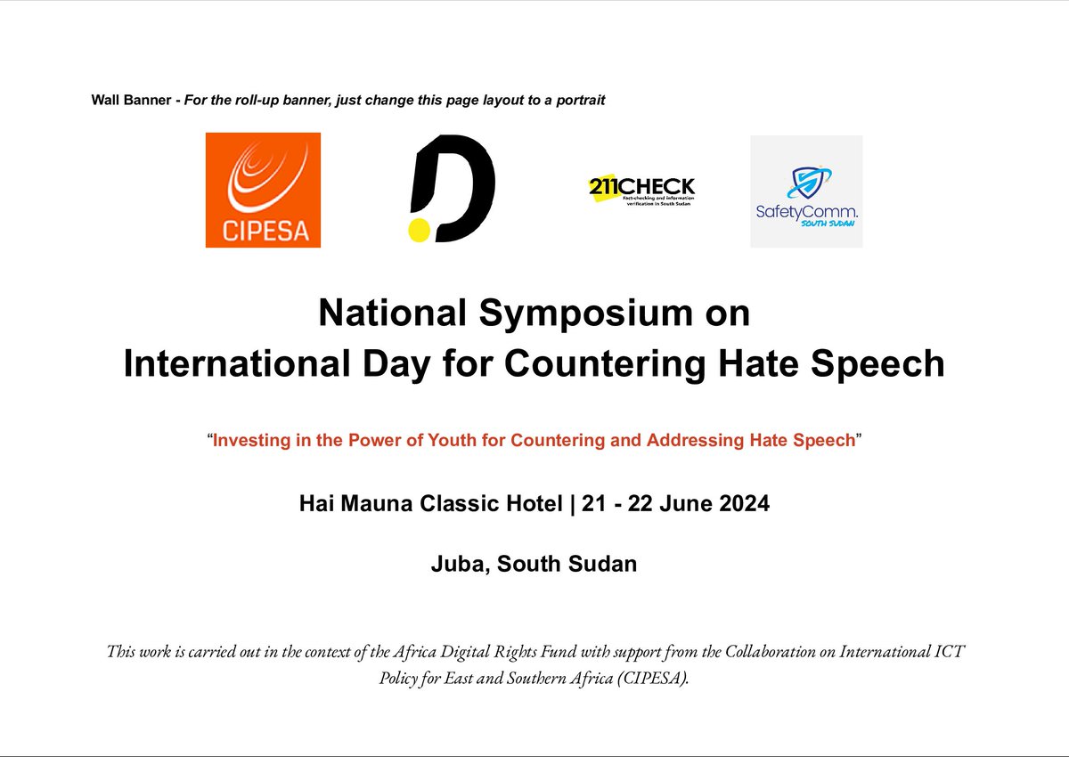 Next week, we'll hold a symposium commemorating the International Day for Countering Hate Speech focusing on tech accountability and the role of youth in mitigating hate speech's impact in #SouthSudan. 

You are invited: buff.ly/4b3j0p0 

#Peacebuilding #TechForGood