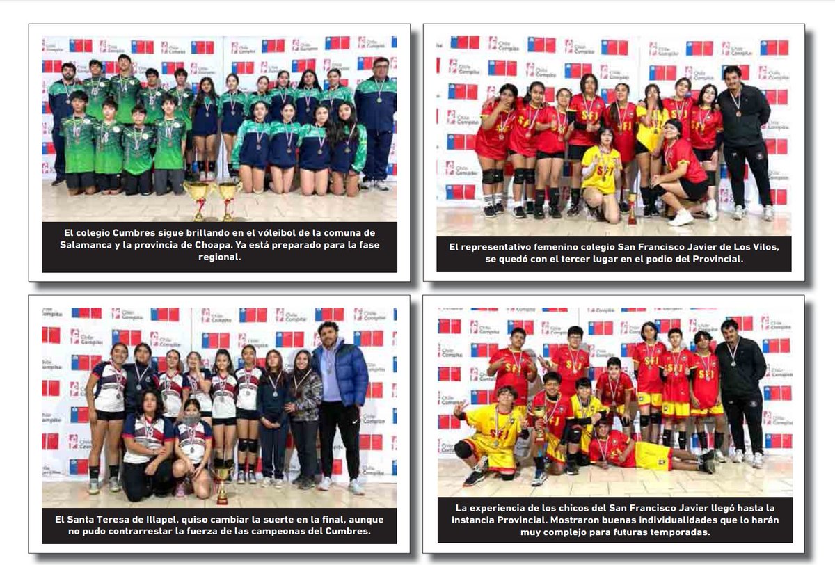 El Colegio Cumbres del Choapa de Salamanca llega a la Final Regional del Vóleibol, tanto en damas como en varones, en los Juegos Deportivos Escolares 2024. 

La información es destacada en la Sección Deportes de la edición de hoy del Diario El Día.