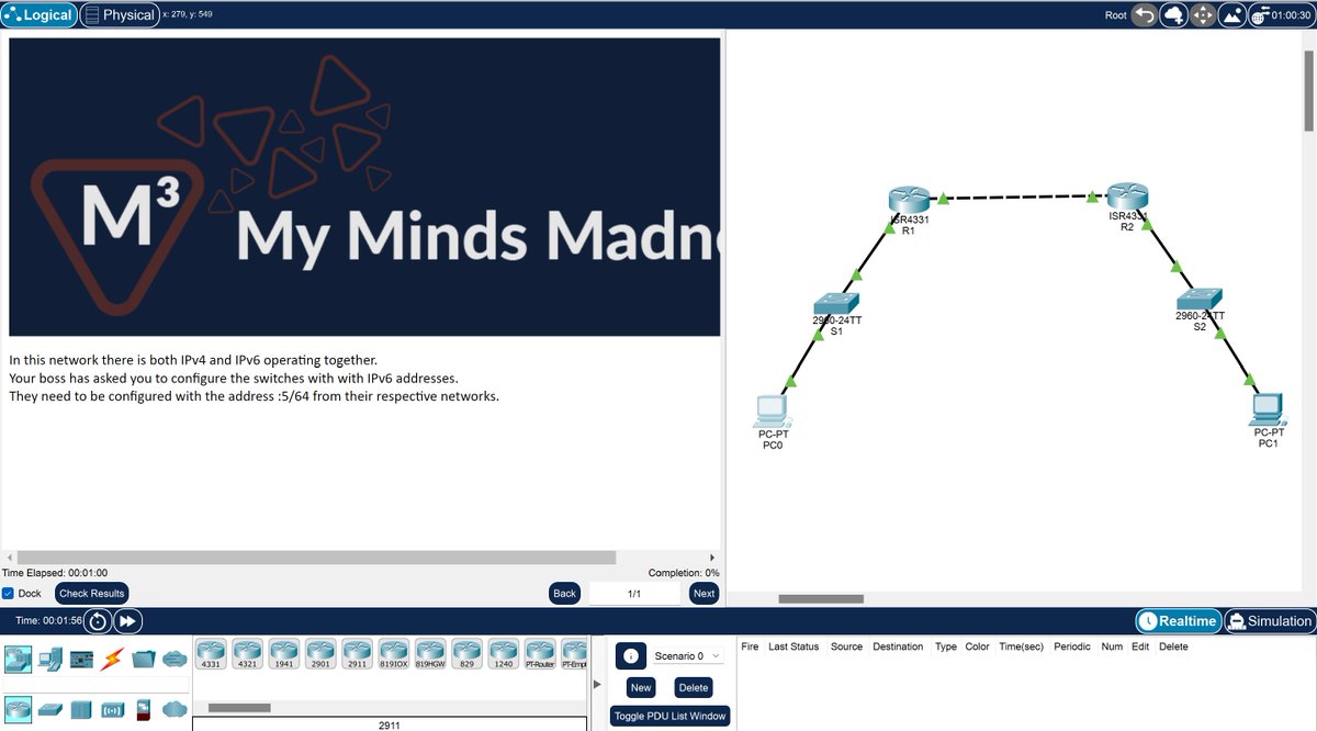 mymindsmadness's tweet image. #DailyCCNAQuestion #NetworkFundamentals
This weeks lab requires you to set up IPv6 in parallel with existing IPv4 configuration.
Download Here: github.com/MyMindsMadness…
#CCNA #Cisco #Networking