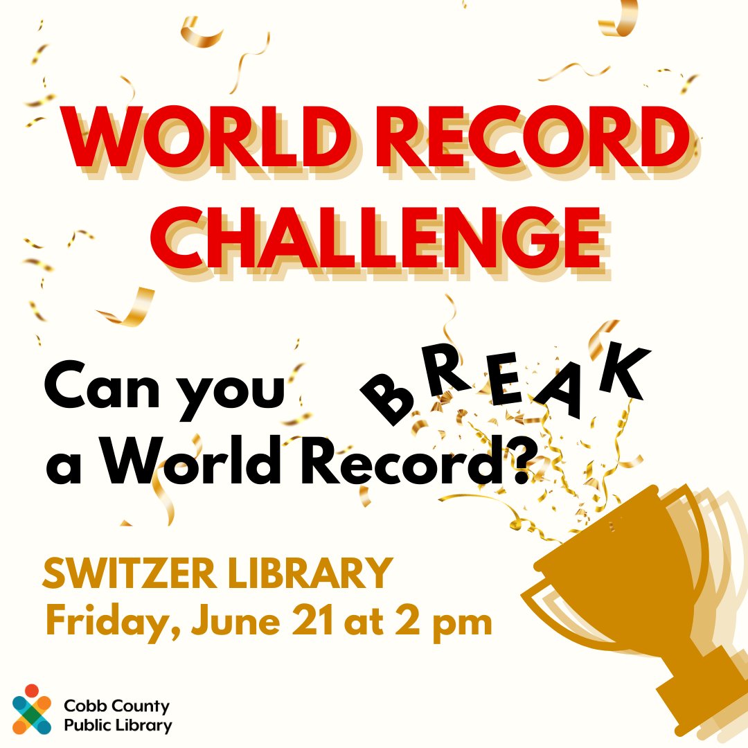 cobblibrary's tweet image. Can you break a world record? Come test your skills with us!

#SwitzerLibrary | Friday, June 21 | 2 pm | all ages