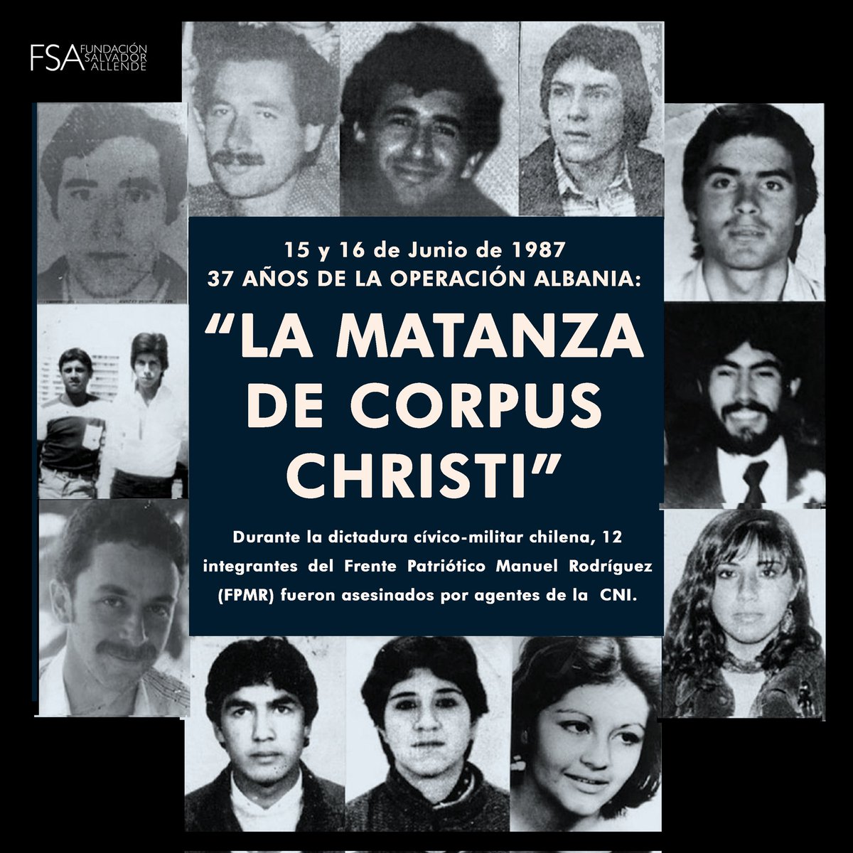 El 15 y 16 de Junio de 1987 fueron asesinados 12 militantes del FPMR por la CNI durante la dictadura civil-militar.

A 37 años de la matanza, nadie está olvidado ✊🏻🌹