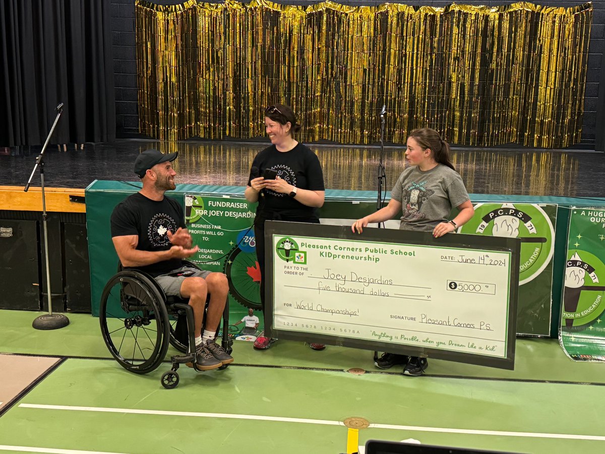 Yesterday, Paralympian Joey Desjardins &amp; triathlete Lisa Gautier joined in for a community bike ride at PCPS.

The students presented Joey with the $5,000 raised at the previous night's business fair and inducted both athletes into their Hall of Fame! 🚲

ow.ly/RXwu50SjbA0