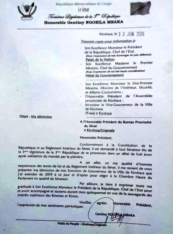 L'honorable Sénateur Gentiny @NgobilaM démissionne de ces fonctions du Gouverneur de la ville de Kinshasa et opte de siéger à la chambre Haute du parlement en qualité de Sénateur.

Par ailleurs, le Gouverneur honoraire de Kinshasa, exprime sa gratitude au Chef de l'État <a href="/fatshi13/">Félix A. Tshisekedi</a>