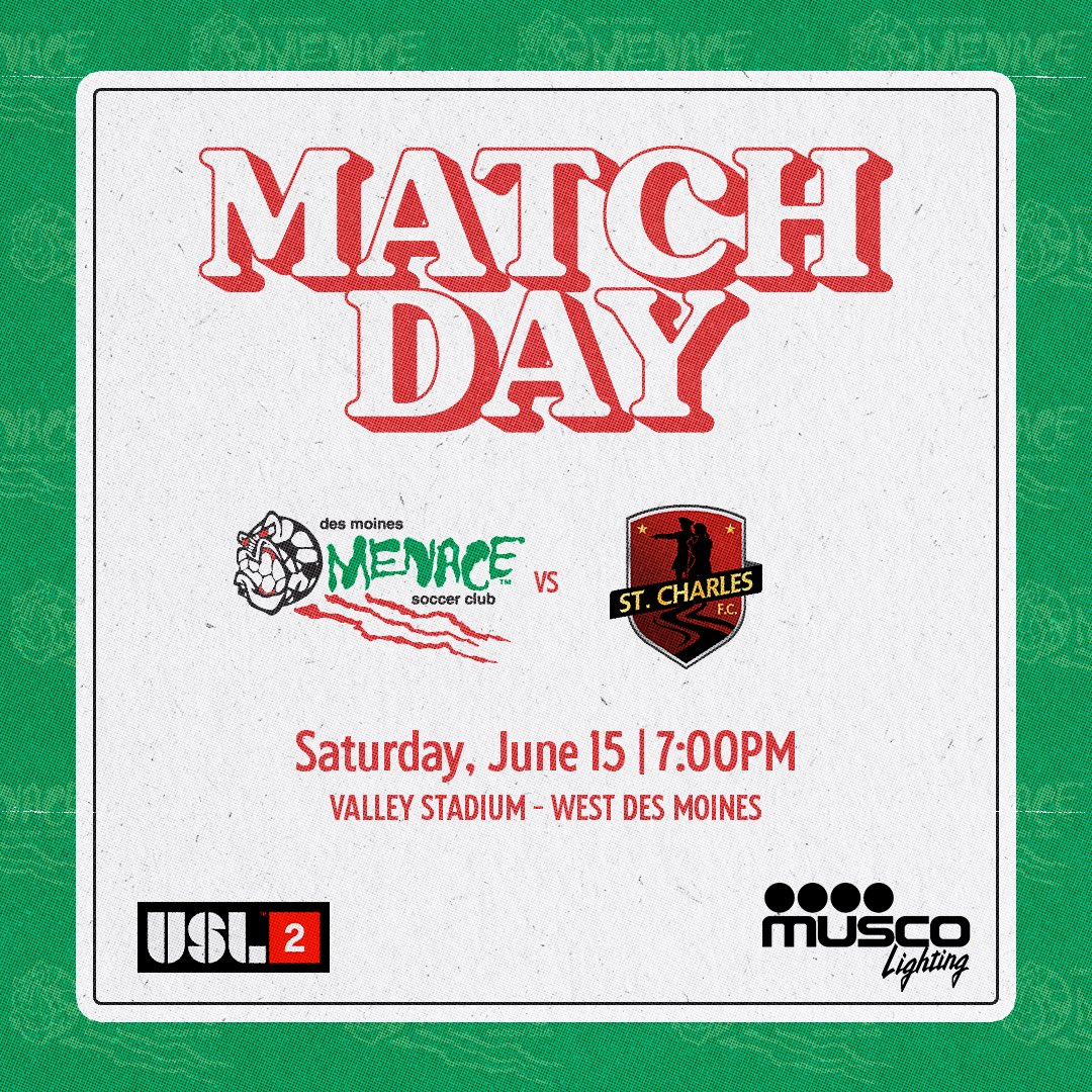 IT’S MENACE MATCH DAY! 
Your Des Moines Menace take on St. Charles FC at home on Youth Soccer Night! We need you here and we need you loud! #upthemenace

Make sure you have tickets for tonight match up! 

fevo-enterprise.com/event/MenaceSt…