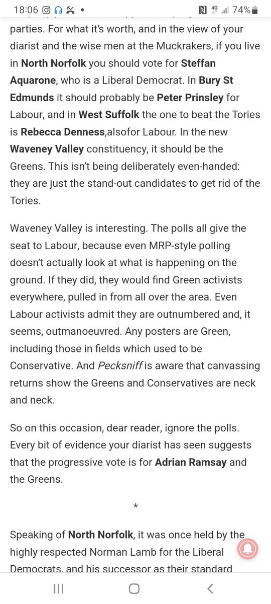 "In Waveney Valley...even Labour activists admit they are outnumbered and, it seems, outmanoeuvred. Every bit of evidence...suggests the progressive vote is for Adrian Ramsay and the Greens."