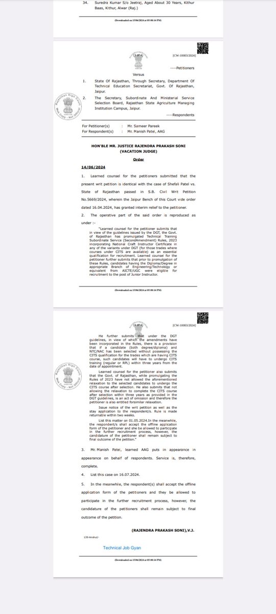 <a href="/alokrajRSSB/">Alok Raj</a> sir कनिष्क अनुदेशक का आज ये एक ओर कोर्ट का फैसला आया कि जिनके पास cits नही है उनके भी ऑफलाइन फॉर्म भरवाओ लेकिन sir अब इन अभ्यर्थियों के फॉर्म कब भरवाओगे तो फिर क्या ये जुन वाले एग्जाम तय समय पर हो पाएंगे? कृपया स्थिति स्पष्ट कीजिए। <a href="/BadhalDr/">डॉ भाग चन्द बधाल DR BHAG CHAND BADHAL, RAS</a>