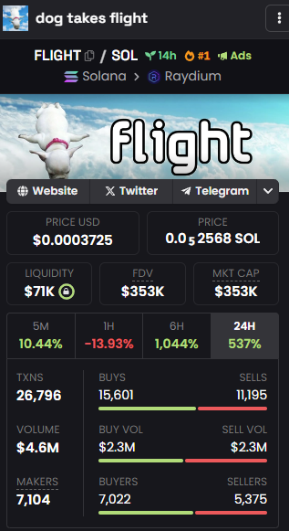 Dog takes $flight to #1 on Dexscreener!