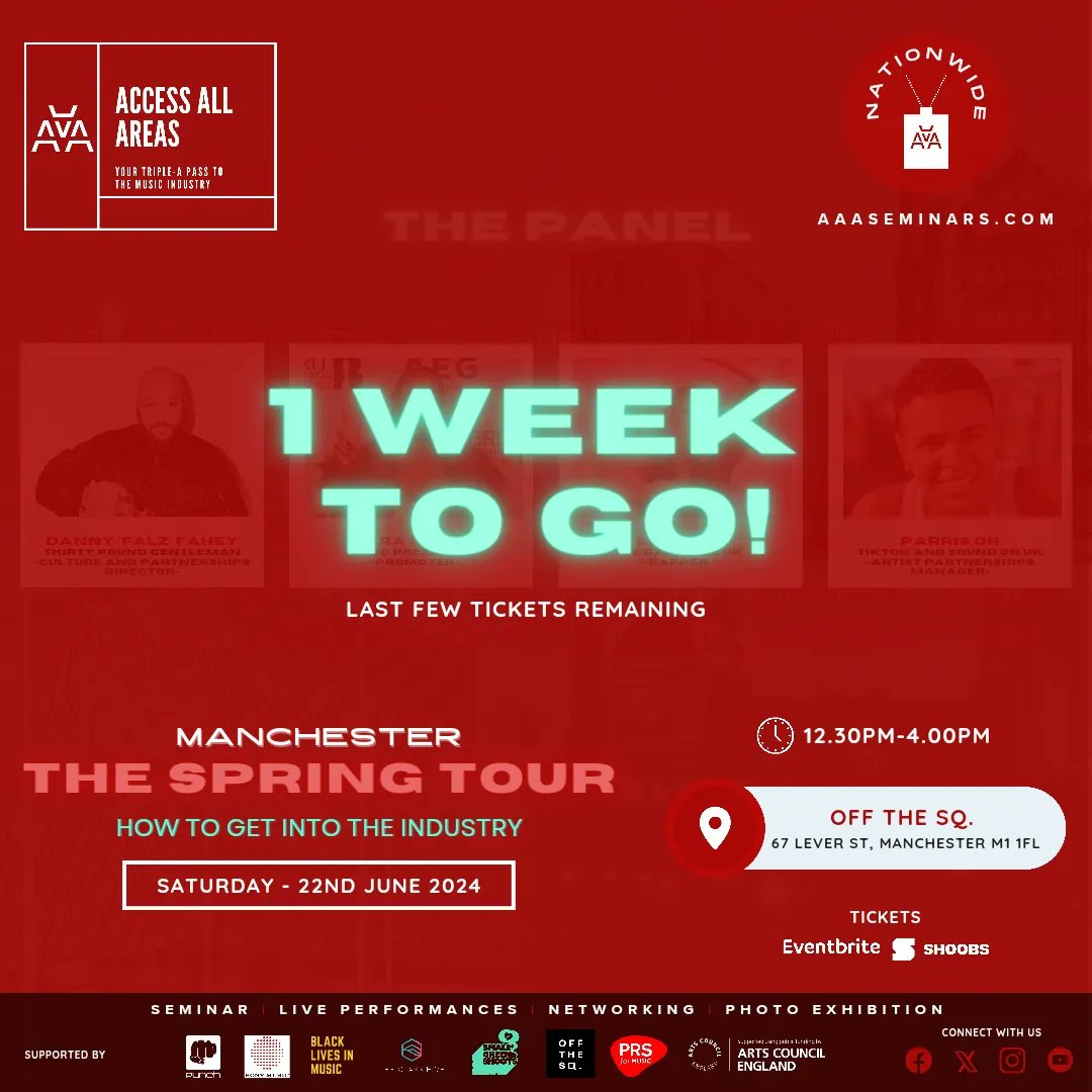 7 days til #AAAManchester Sat June 22 at Off The Sq, M1 from 1230pm <a href="/brownsugaums/">Brownsuga</a> supported  <a href="/PRSforMusic/">PRS for Music</a> <a href="/ace_national/">Arts Council England</a>

🎙️ 5 panelists moderated <a href="/queen_raffaella/">RAFFAELLA COLEMAN</a>
🎵 3 local artists Live hosted <a href="/FriskyDJ/">FriskyDJ</a>
📸 Photo expo <a href="/Bampson/">Bampson</a>
🎟️ Tix <a href="/EventbriteUK/">Eventbrite UK</a> via: bit.ly/44vT43B