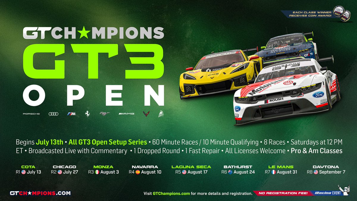 It’s time for the next iRacing season at GTC, the GT3 Open. Time to show your grit in this open setup, choose your car, series. Select from any GT3 car, for any of the 8-round season. Some iconic tracks &amp; some new ones this season.gtchampions.com/gt3-open-24

#GTCHAMPIONS #iRacing