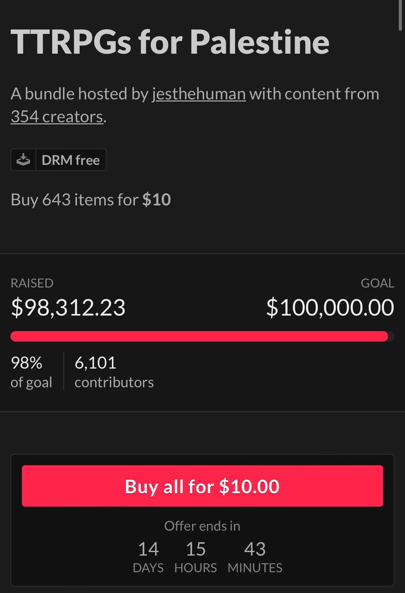 We’re $2k away from reaching $100k raised for Medical Aid for Palestinians and pulling a winner for a new MTG Commander Deck! Check out the tweet below for details 🖤