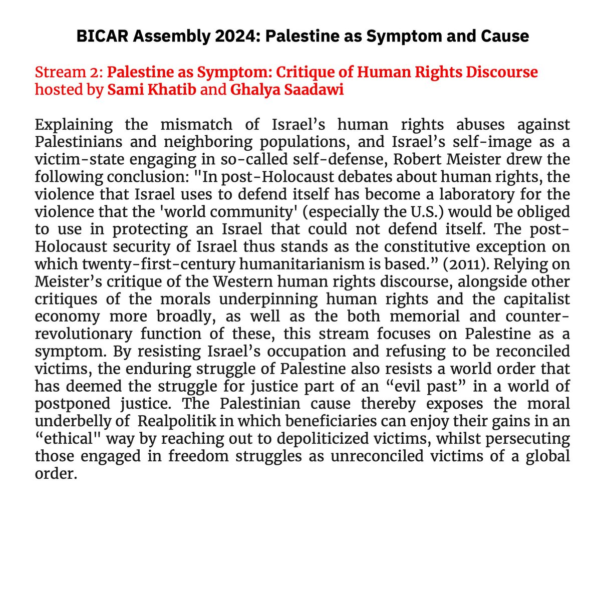 BICARLebanon's tweet photo. Join us from next Tuesday (18 June) for BICAR Assembly 2024: Palestine as Symptom and Cause https://t.co/dtXFYRHApK