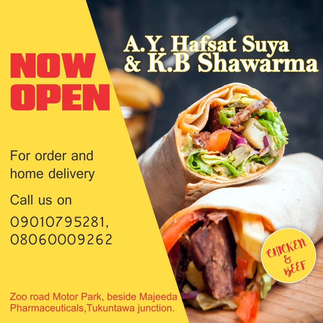 AItechscarlett's tweet photo. NOW OPEN!!!!! 
A.Y Hafsat Suya &amp; KB SHAWARMA 
💠MEATPIA
💠 CHIPS 
💠 GRILLED FISH 
Address: Kano zoo road motor park, Tukuntawa junction. https://t.co/dDi7VlfDPD