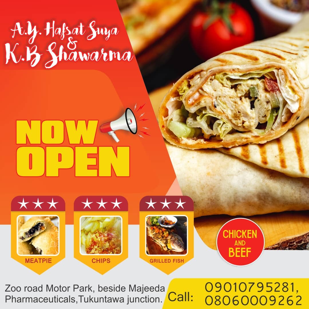 AItechscarlett's tweet photo. NOW OPEN!!!!! 
A.Y Hafsat Suya &amp; KB SHAWARMA 
💠MEATPIA
💠 CHIPS 
💠 GRILLED FISH 
Address: Kano zoo road motor park, Tukuntawa junction. https://t.co/dDi7VlfDPD